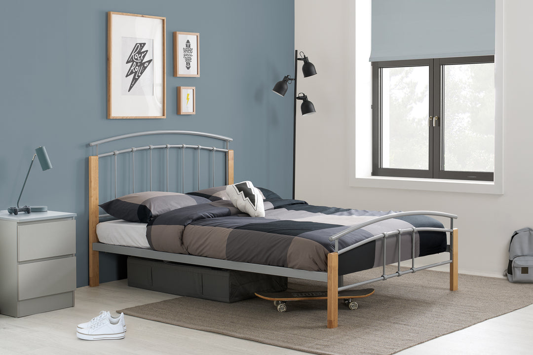 Modern Tetras Bed with Sprung Slatted Base and Stylish Silver Finish