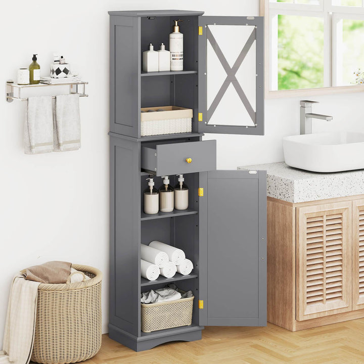 Tall Bathroom Cabinet with Drawer 2 Doors and 3 Adjustable Shelves-Grey - TidySpaces