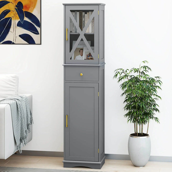 Tall Bathroom Cabinet with Drawer 2 Doors and 3 Adjustable Shelves-Grey - TidySpaces