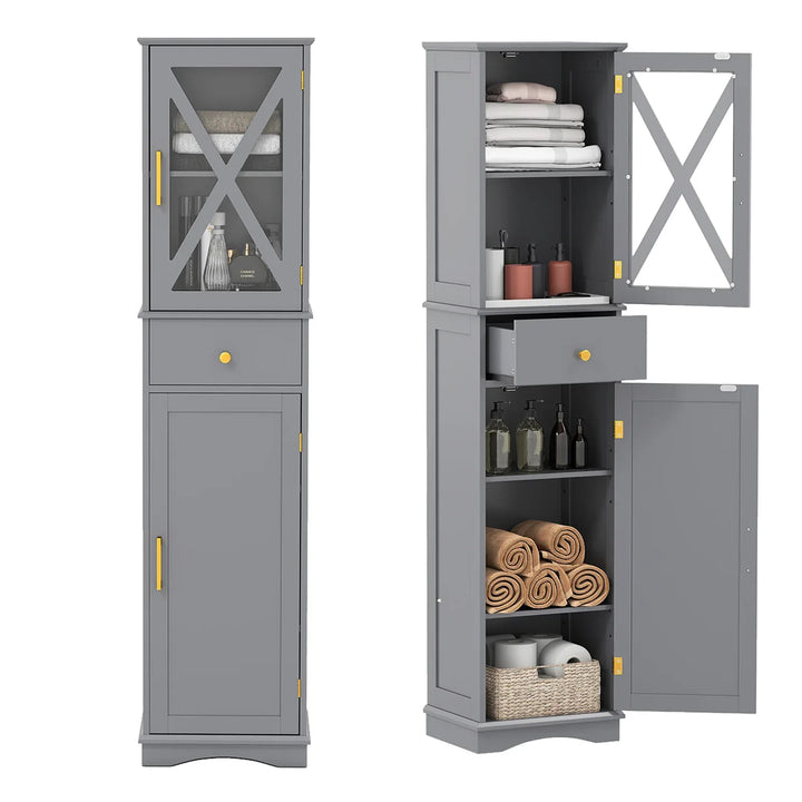 Tall Bathroom Cabinet with Drawer 2 Doors and 3 Adjustable Shelves-Grey - TidySpaces