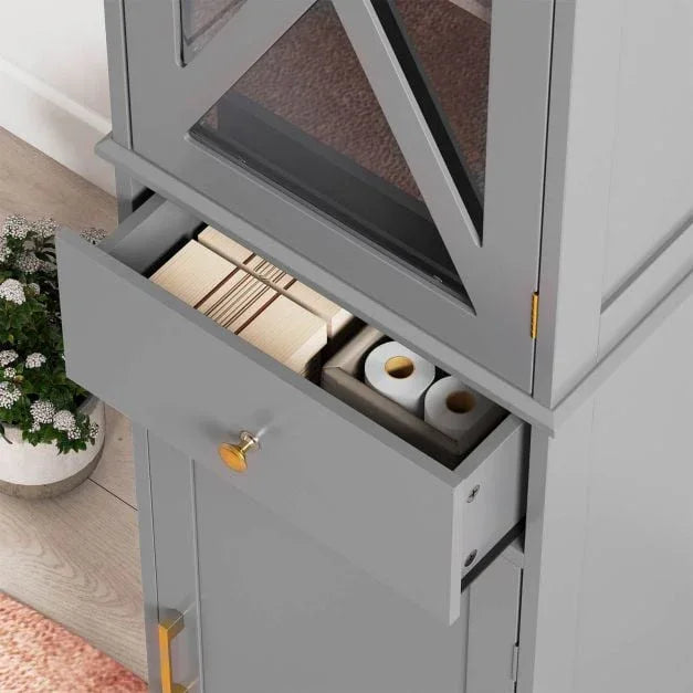 Tall Bathroom Cabinet with Drawer 2 Doors and 3 Adjustable Shelves-Grey - TidySpaces