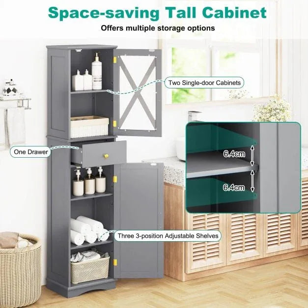 Tall Bathroom Cabinet with Drawer 2 Doors and 3 Adjustable Shelves-Grey - TidySpaces