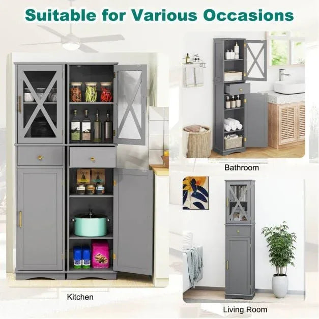 Tall Bathroom Cabinet with Drawer 2 Doors and 3 Adjustable Shelves-Grey - TidySpaces