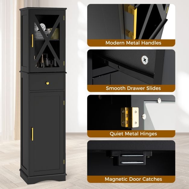 Tall Bathroom Cabinet with Drawer 2 Doors and 3 Adjustable Shelves-Black