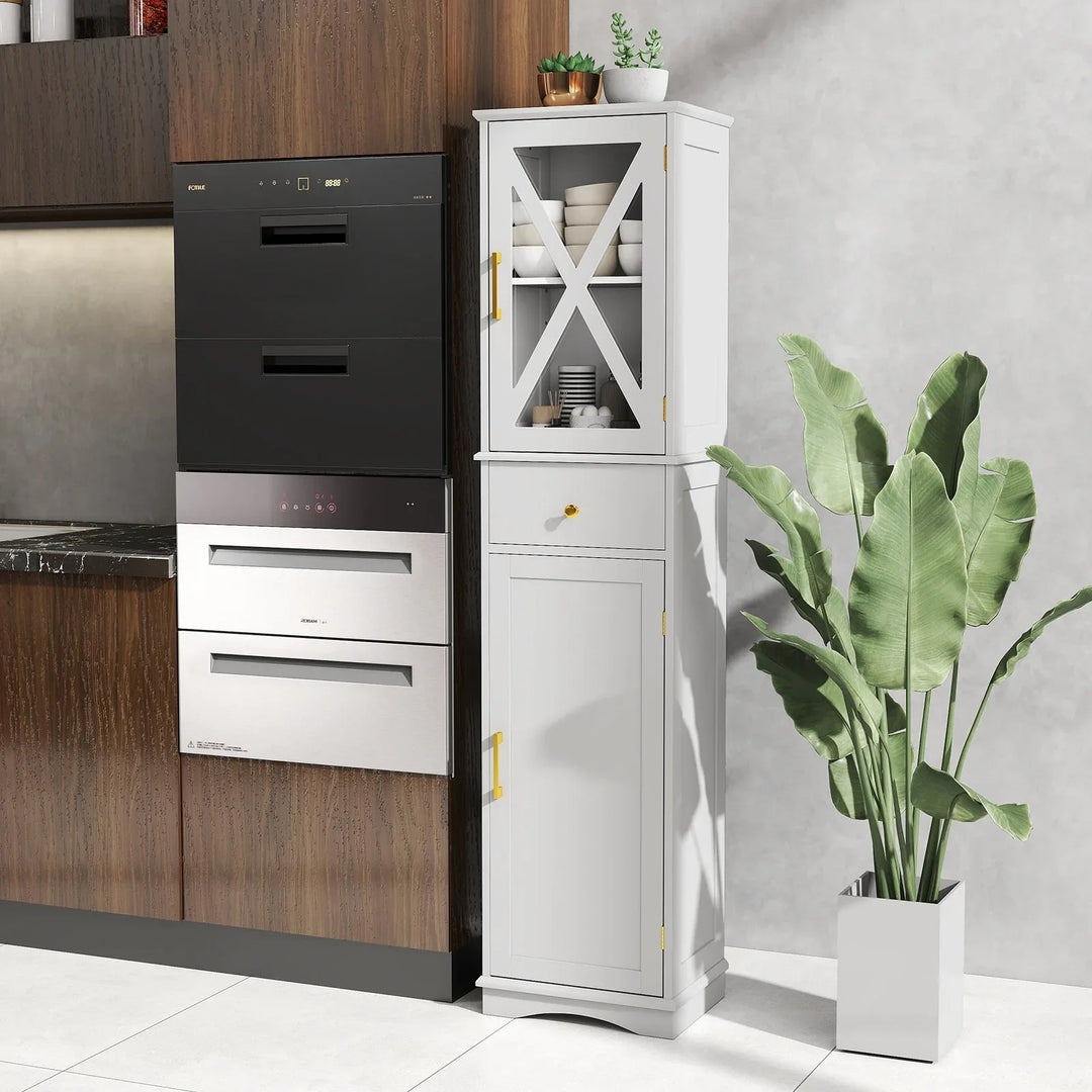 Tall Bathroom Cabinet with Drawer 2 Doors and 3 Adjustable Shelves-White - TidySpaces