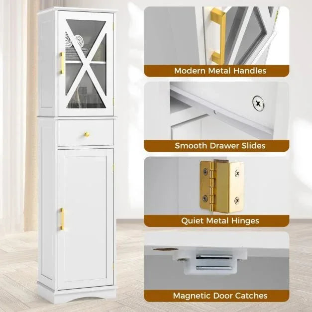 Tall Bathroom Cabinet with Drawer 2 Doors and 3 Adjustable Shelves-White - TidySpaces