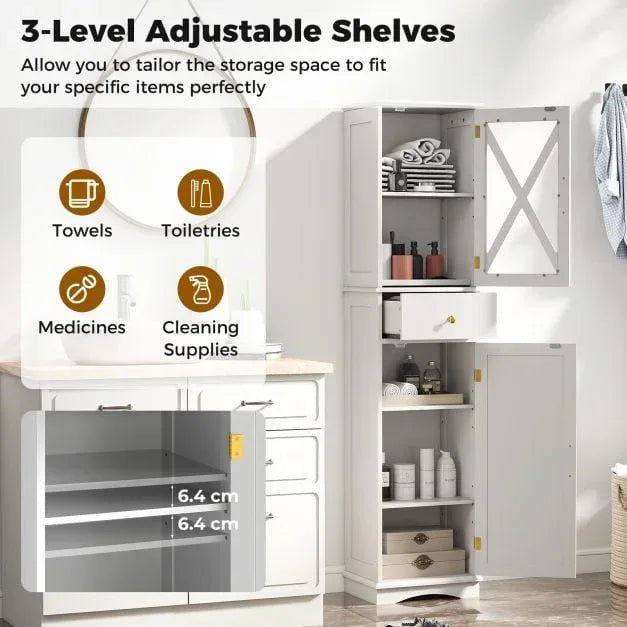 Tall Bathroom Cabinet with Drawer 2 Doors and 3 Adjustable Shelves-White - TidySpaces