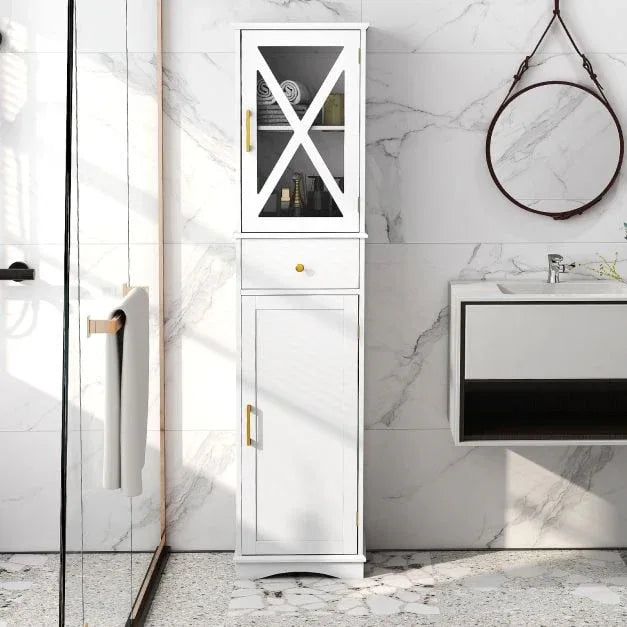 Tall Bathroom Cabinet with Drawer 2 Doors and 3 Adjustable Shelves-White - TidySpaces