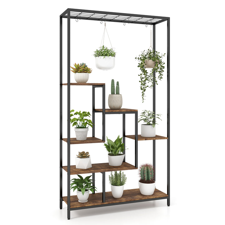 6-tier Tall Plant Stand with 10 Hanging Hooks and Wire Shelf for Multiple Plants-Rustic Brown