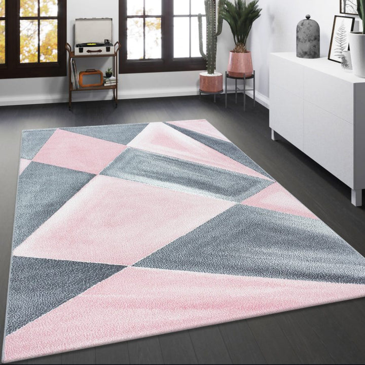 Blush Pink Modern Grey Geometric Rug