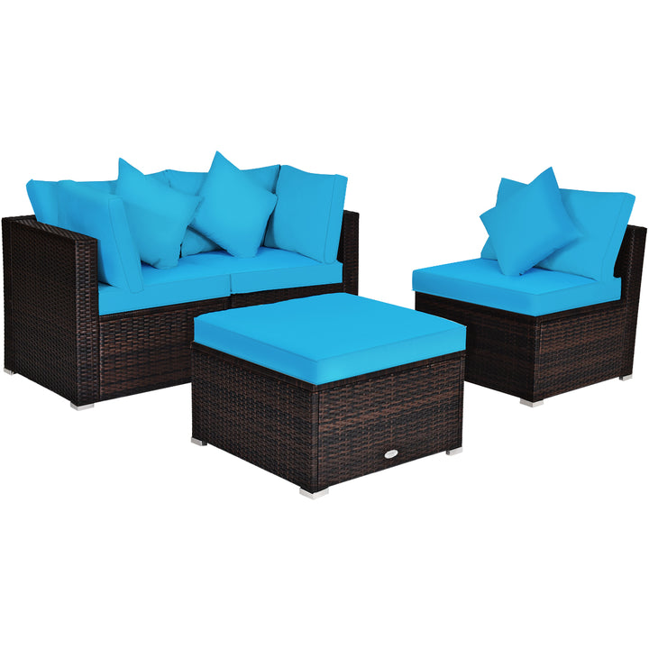 4 Pieces Outdoor Rattan Conversation Set with Removable Cushions and Pillows - TidySpaces