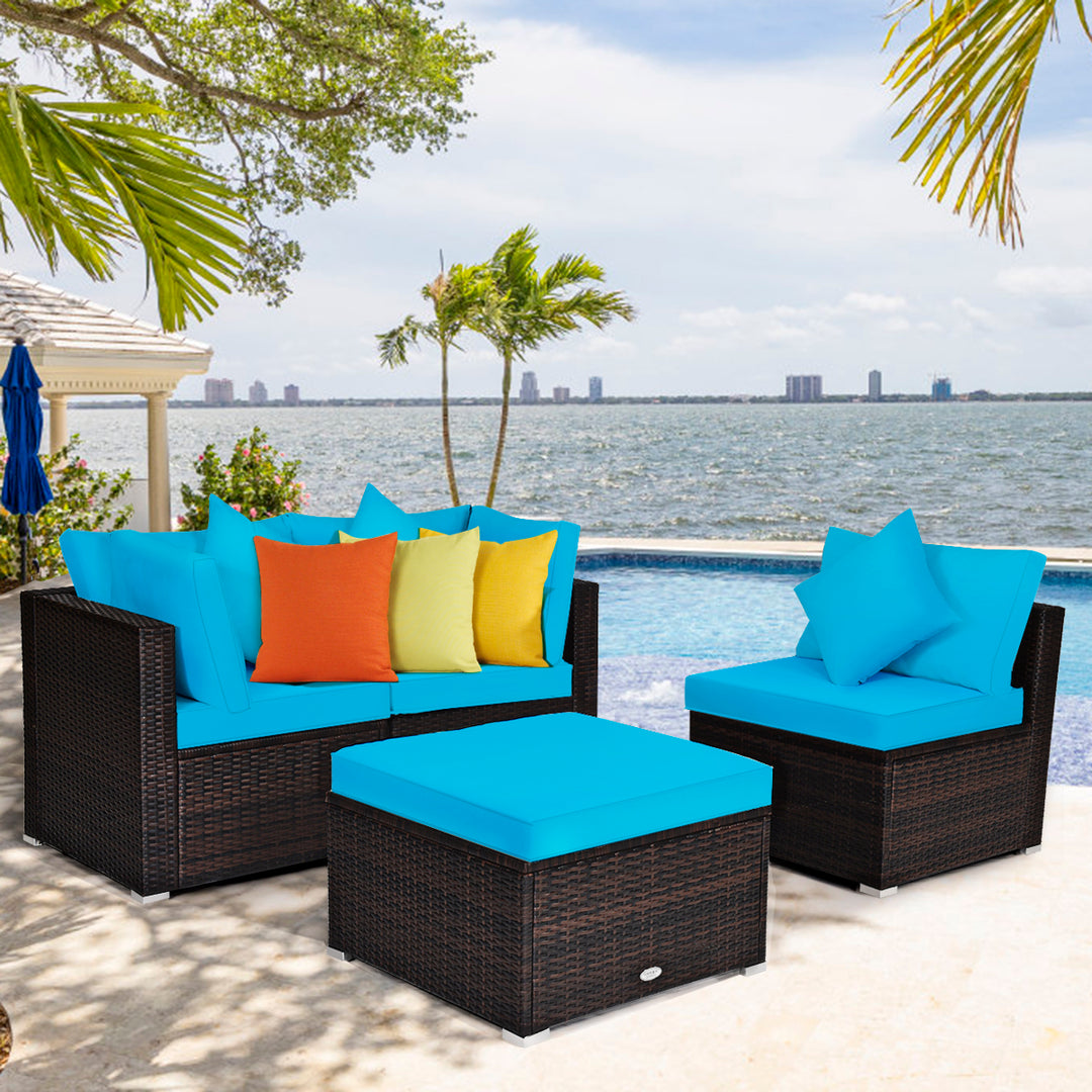 4 Pieces Outdoor Rattan Conversation Set with Removable Cushions and Pillows - TidySpaces