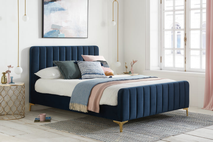 Luxurious Velvet Bed Frame in Midnight Blue with Elegant Tufting Design