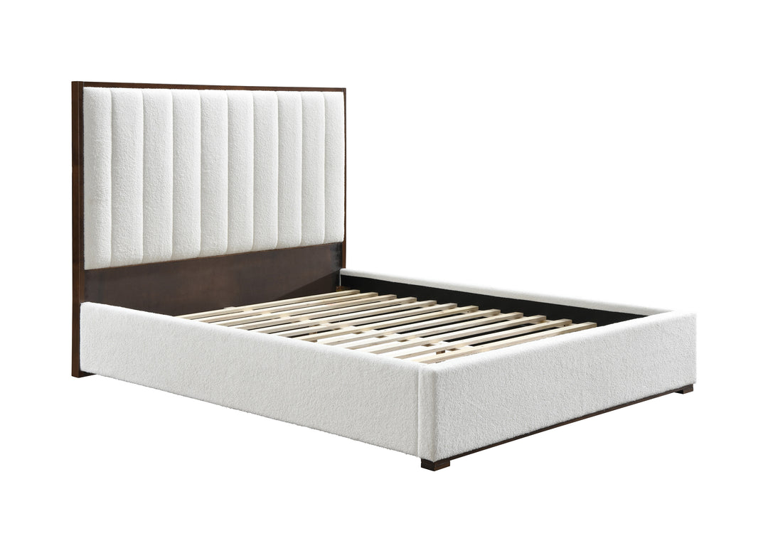 Unbranded Bed with Textured White Boucle Upholstery for Modern Elegance