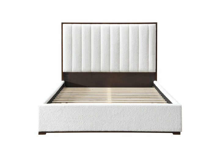 Unbranded Bed with Textured White Boucle Upholstery for Modern Elegance