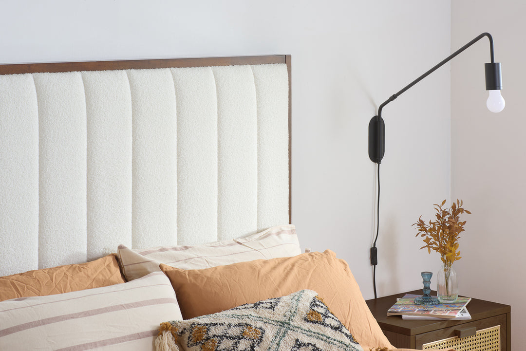 Unbranded Bed with Textured White Boucle Upholstery for Modern Elegance