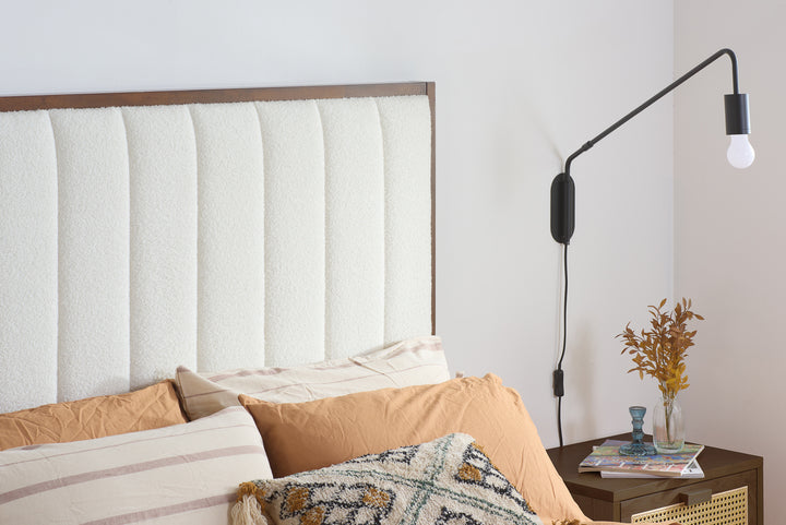 Unbranded Bed with Textured White Boucle Upholstery for Modern Elegance