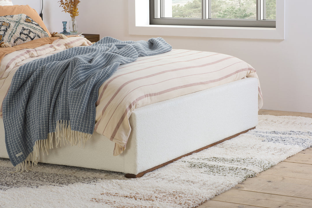 Unbranded Bed with Textured White Boucle Upholstery for Modern Elegance