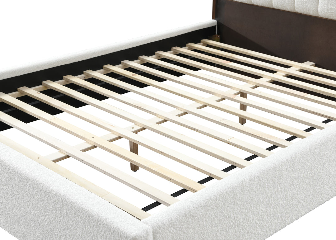 Unbranded Bed with Textured White Boucle Upholstery for Modern Elegance