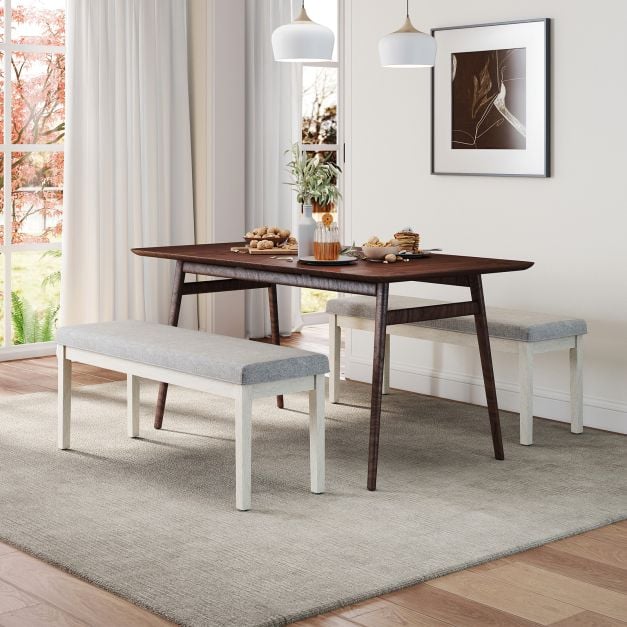 Upholstered Grey Dining Bench Shoe Bench with Rubber Wood Legs