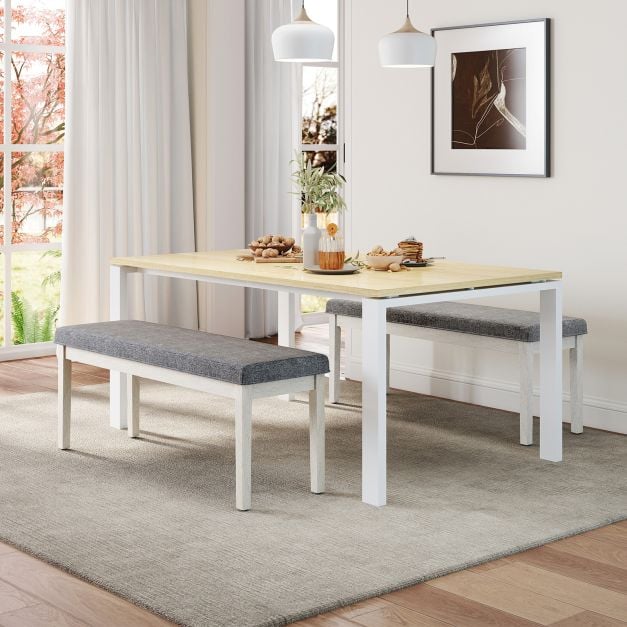 Upholstered Grey Dining Bench Shoe Bench with Rubber Wood Legs