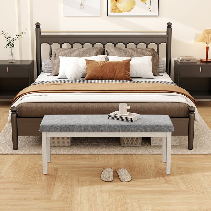 Upholstered Grey Dining Bench Shoe Bench with Rubber Wood Legs