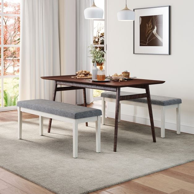 Upholstered Grey Dining Bench Shoe Bench with Rubber Wood Legs