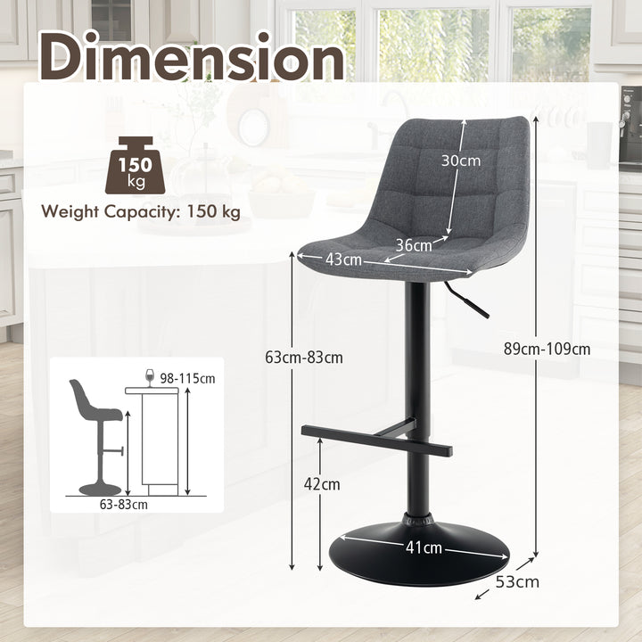 Upholstered Height Adjustable Bar Stools Set of 2 with Fabric Backrest - TidySpaces