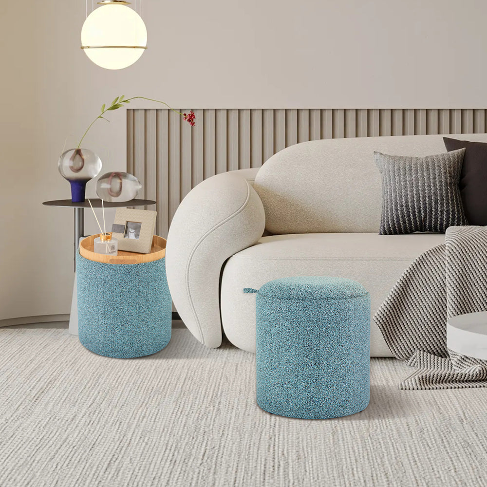 Upholstered Storage Round Ottoman Set of 2 with Reversible Tray-Blue - TidySpaces
