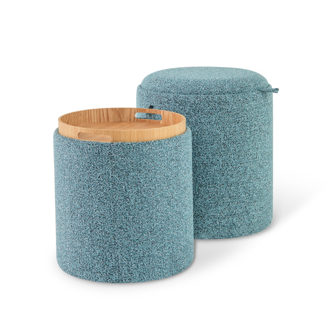 Upholstered Storage Round Ottoman Set of 2 with Reversible Tray-Blue - TidySpaces