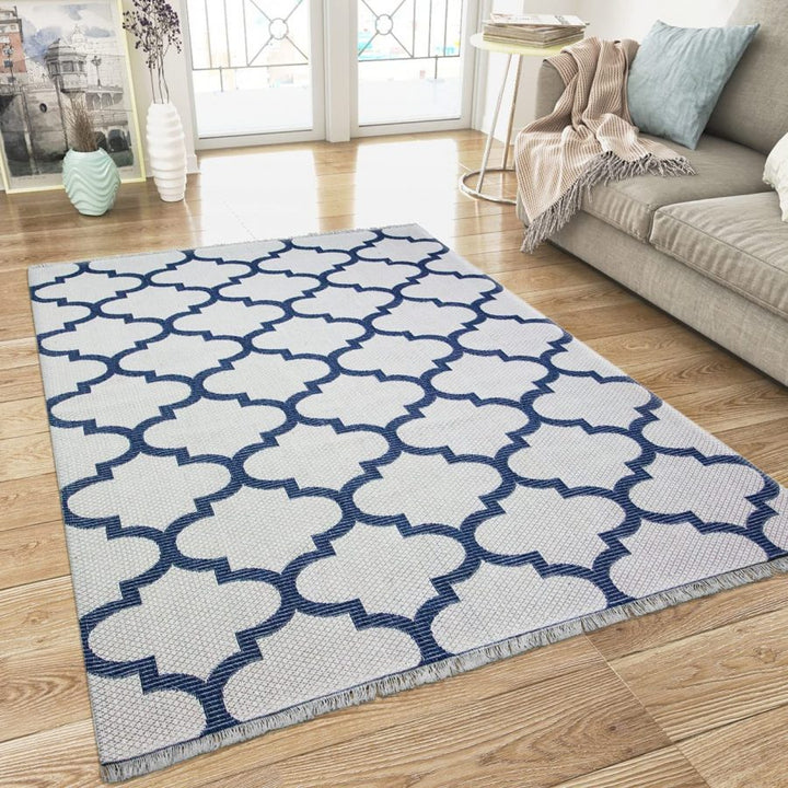 Cotton Rug Cream Navy Blue Trellis Pattern with Tassels