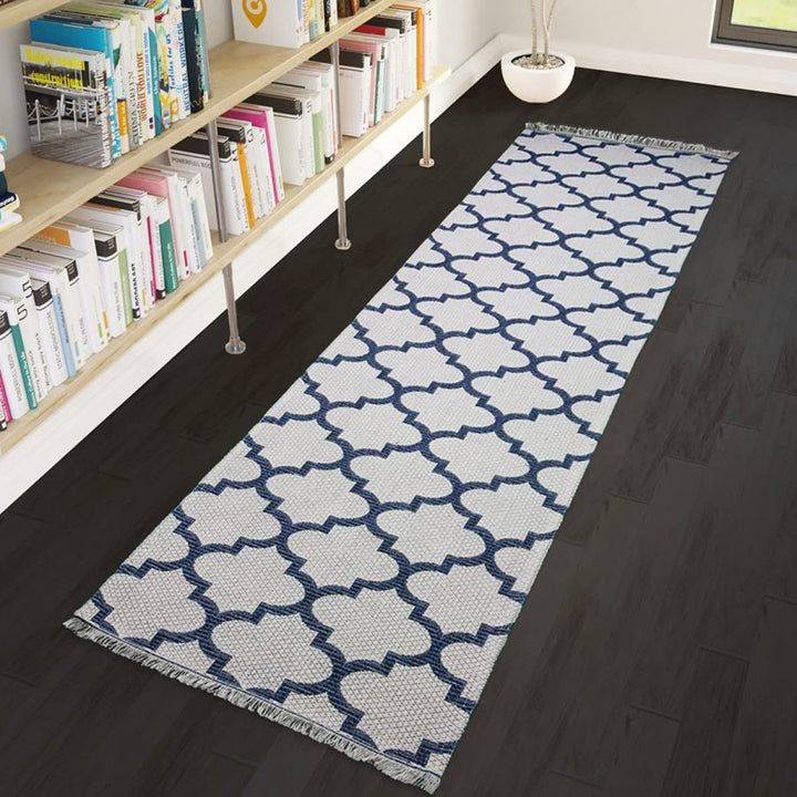 Cotton Rug Cream Navy Blue Trellis Pattern with Tassels