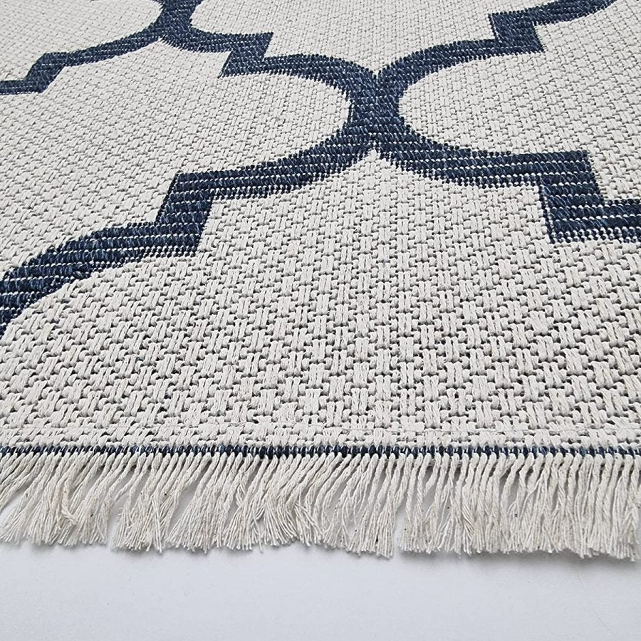 Cotton Rug Cream Navy Blue Trellis Pattern with Tassels