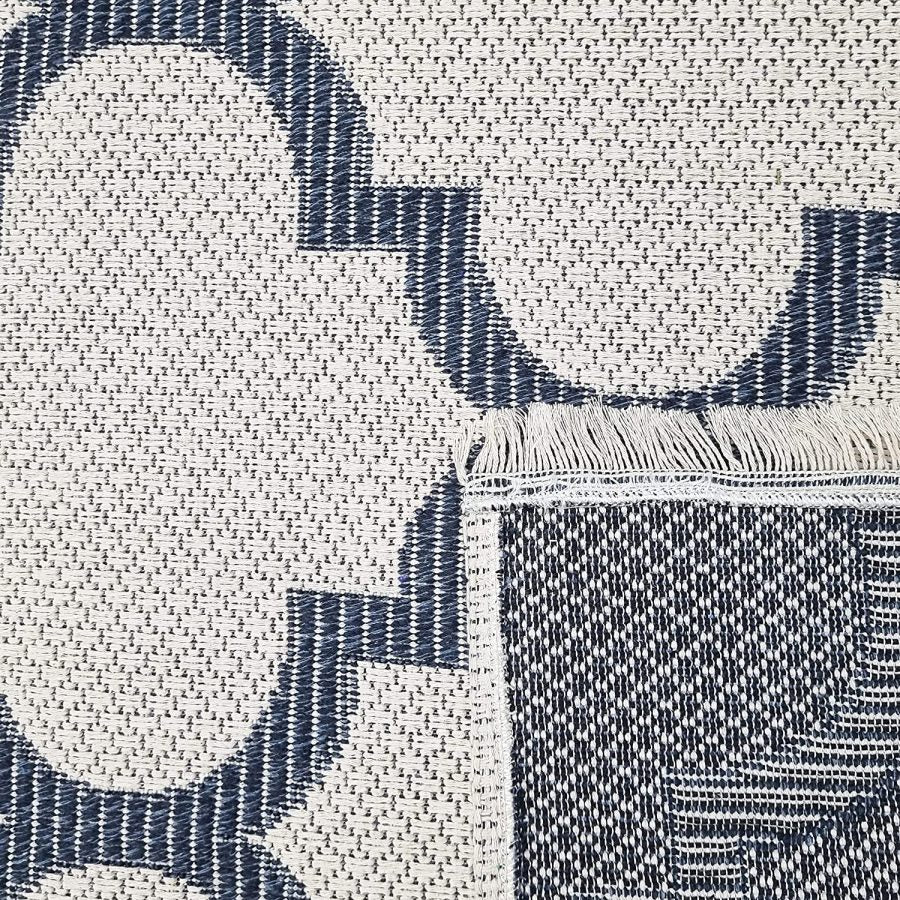 Cotton Rug Cream Navy Blue Trellis Pattern with Tassels