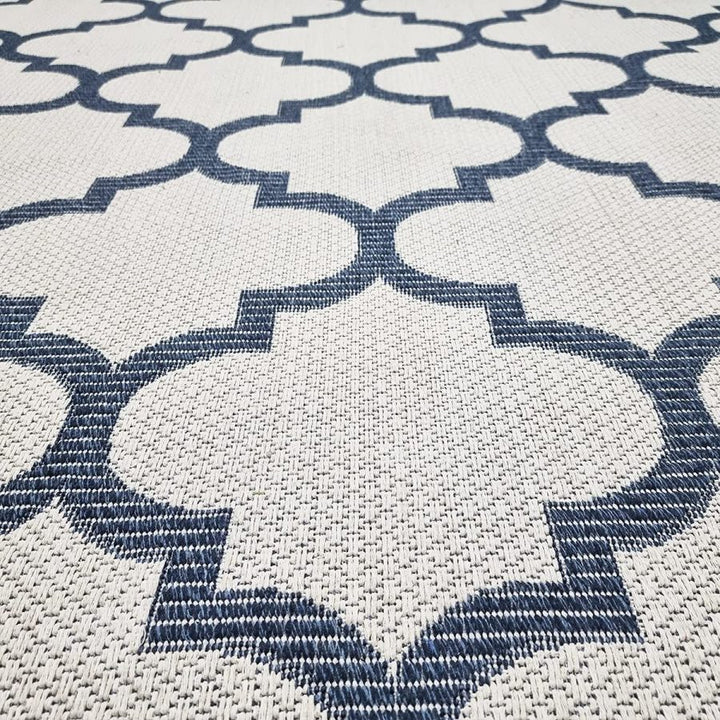 Cotton Rug Cream Navy Blue Trellis Pattern with Tassels