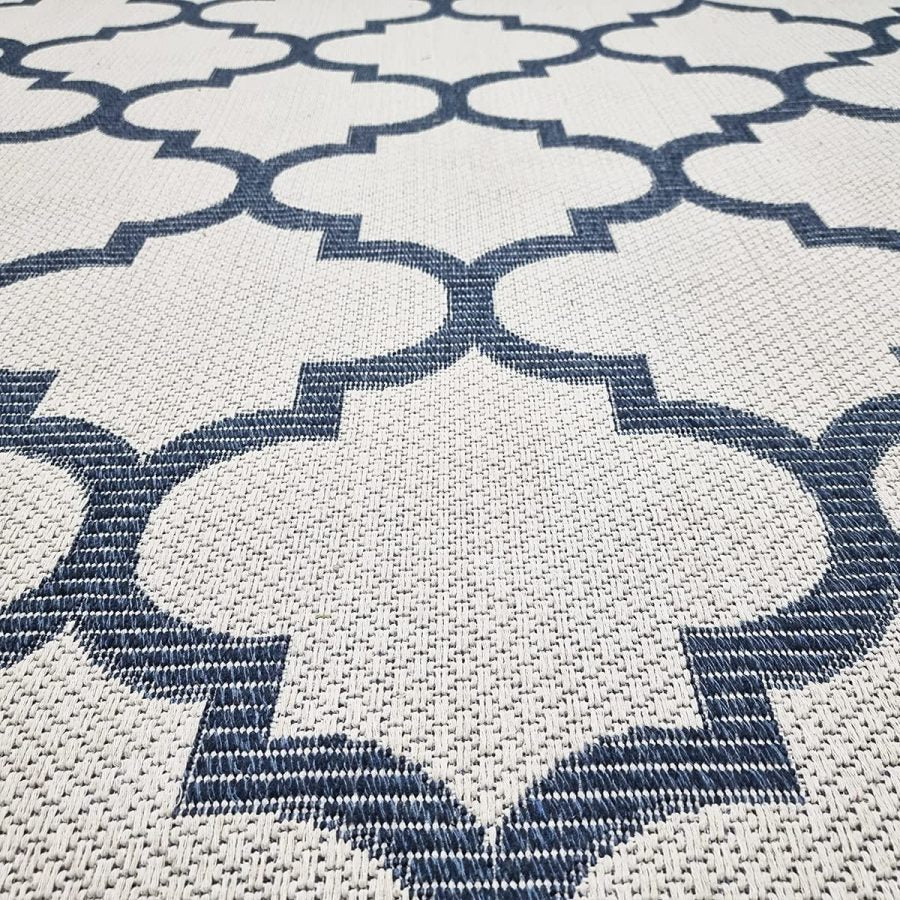 Cotton Rugs Navy Blue Trellis Pattern with Tassels