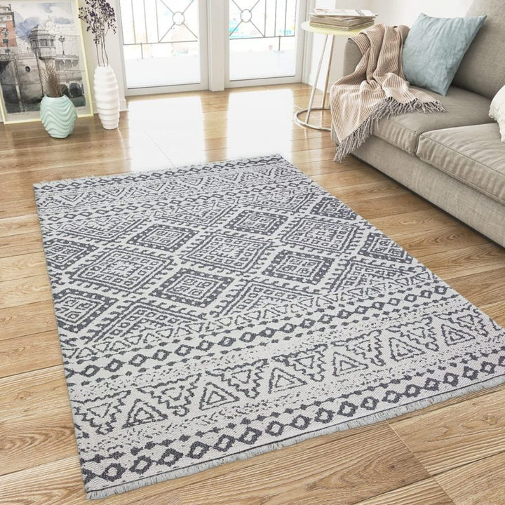 Cotton Rug Cream Aztec Grey Pattern with Tassels Cream Grey - TidySpaces