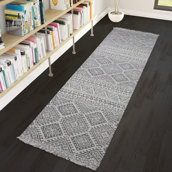 Cotton Rug Cream Aztec Grey Pattern with Tassels 75x300cm Cream Grey - TidySpaces