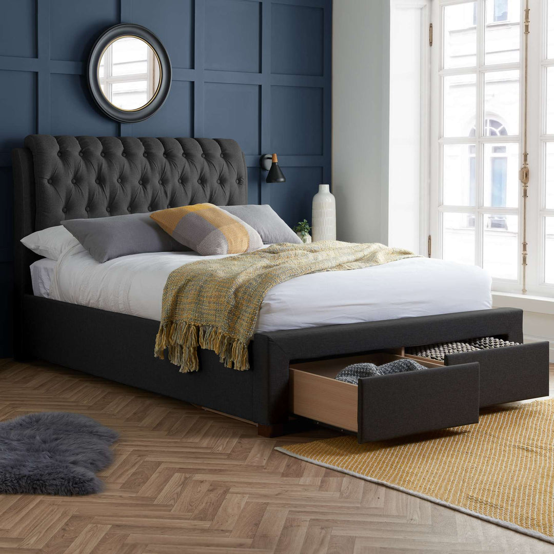Valentino Upholstered Bed with Buttoned Headboard and Storage Drawers