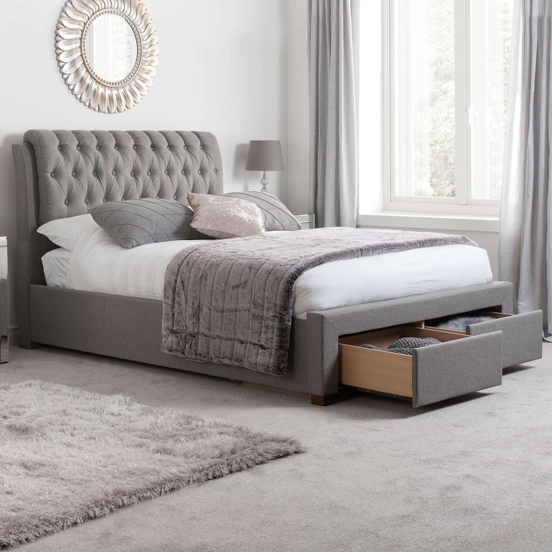 Valentino Upholstered Bed with Buttoned Headboard and Storage Drawers