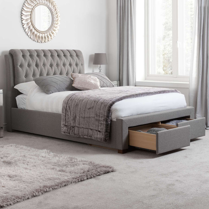 Valentino Upholstered Bed with Buttoned Headboard and Storage Drawers