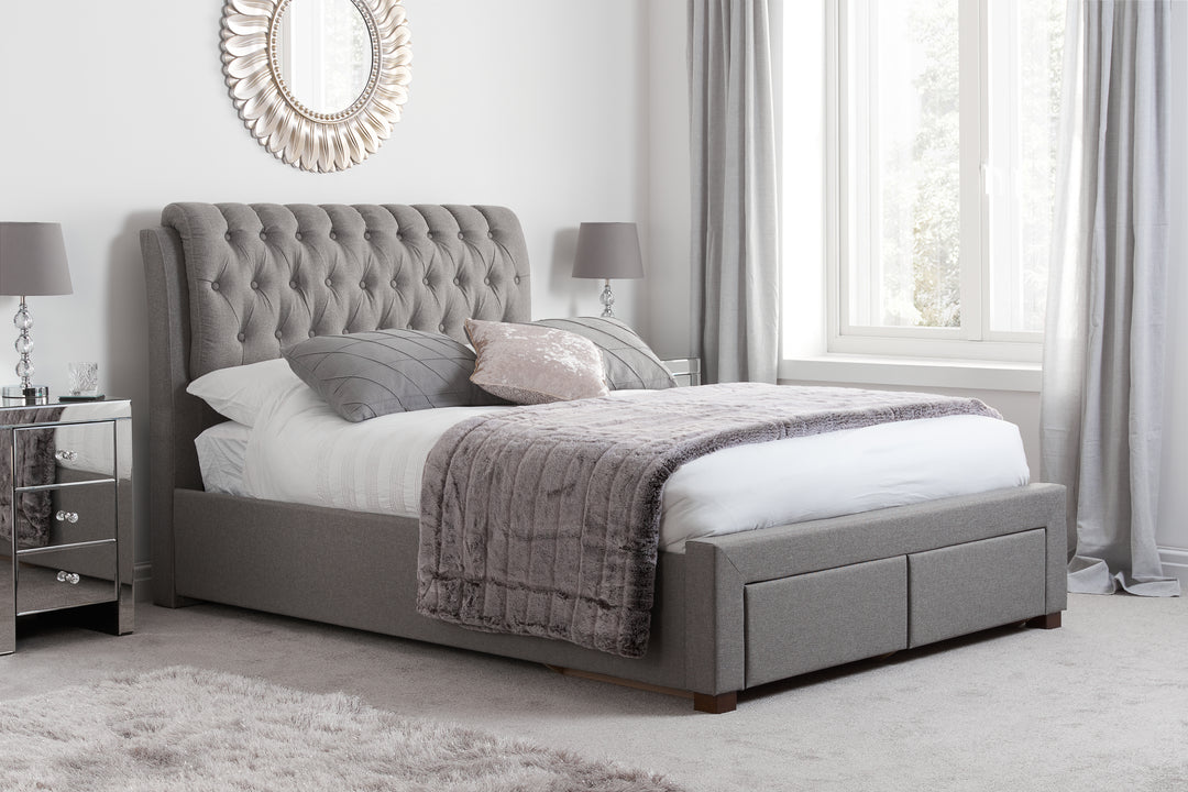 Valentino Upholstered Bed with Buttoned Headboard and Storage Drawers