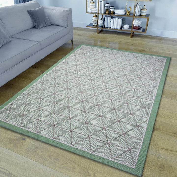 Cotton Rug Green Beige Geometric Pattern Green Beige - TidySpaces