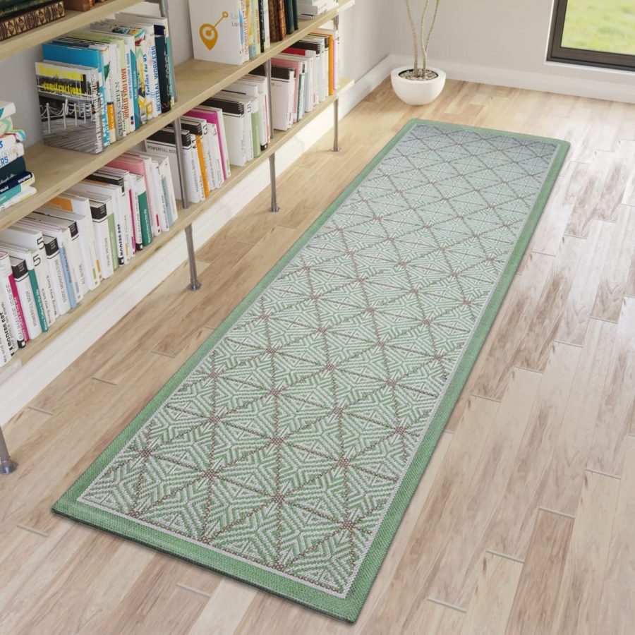 Cotton Rug Green Beige Geometric Pattern