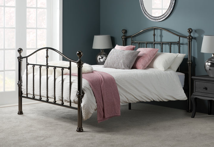 Victoria Steel Bed with Elegant Black Nickel Finish and Detailed Framework