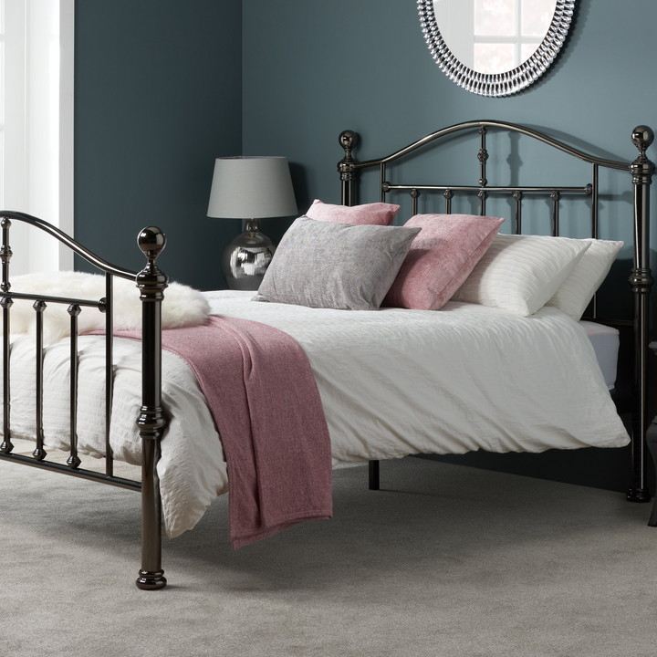 Victoria Steel Bed with Elegant Black Nickel Finish and Detailed Framework