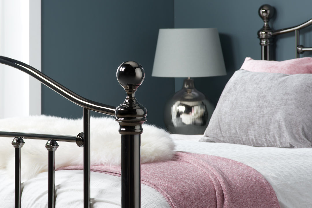 Victoria Steel Bed with Elegant Black Nickel Finish and Detailed Framework