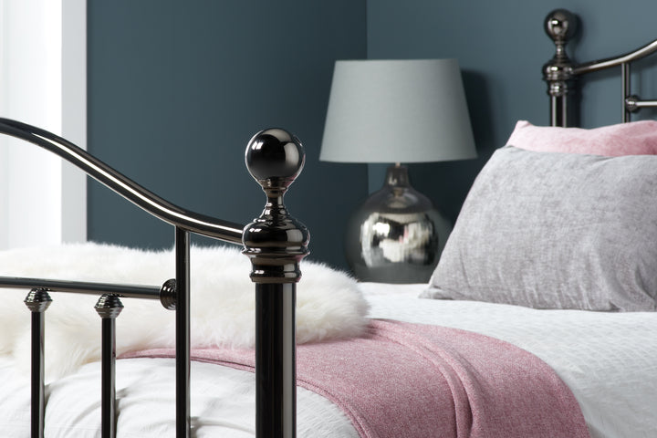 Victoria Steel Bed with Elegant Black Nickel Finish and Detailed Framework