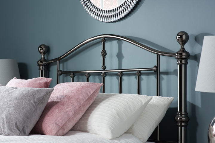 Victoria Steel Bed with Elegant Black Nickel Finish and Detailed Framework