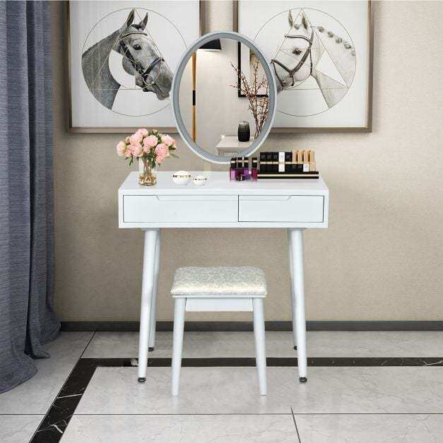 Vanity Table Set with Surrounded LED Tape Lights-White